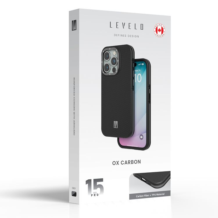 جراب Levelo Ox Carbon لهاتف iPhone 15 Pro Max، متوافق مع MagSafe، زوايا معززة مع واقي هواء، حواف مقاومة للصدمات، مقاومة للخدش 3H، إطار كاميرا مرتفع - رمادي