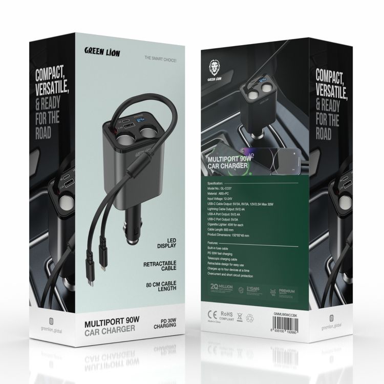 شاحن سيارة متعدد المنافذ من Green Lion بقوة 90 وات، PD 30 وات، كابل USB-C وLightning مدمج، ولاعة سجائر بقوة 45 وات، حماية من التيار الزائد والدائرة القصيرة، شاشة LED - أسود