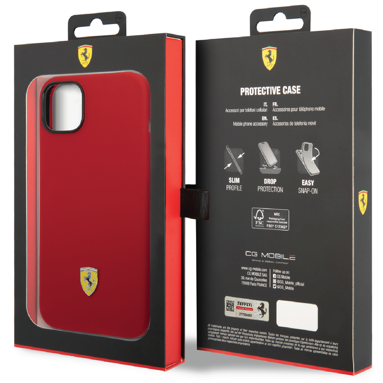 Ferrari Liquid Silicone Case with Black Camera Outline & Metal Logo iPhone 14 Plus Compatibility - Red