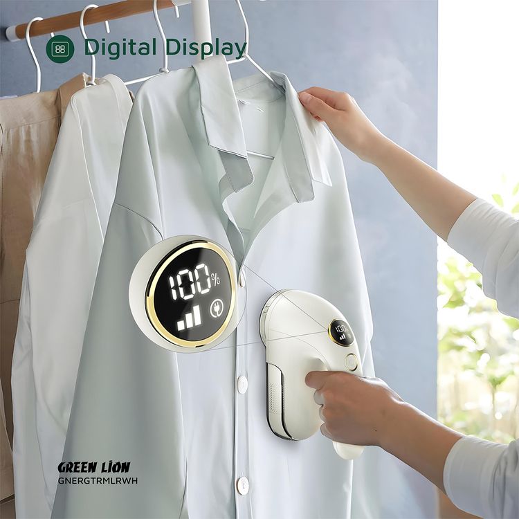 Green Lion Ergotrim Digital Fabric Remover with 3-Gear Speed Control, Up to 3 Hours Working Time, 110mL Lint Bin Capacity, 6-Leaf Blade, Honeycomb Mesh Cover, Ergonomic Handle, Safety Protection - White