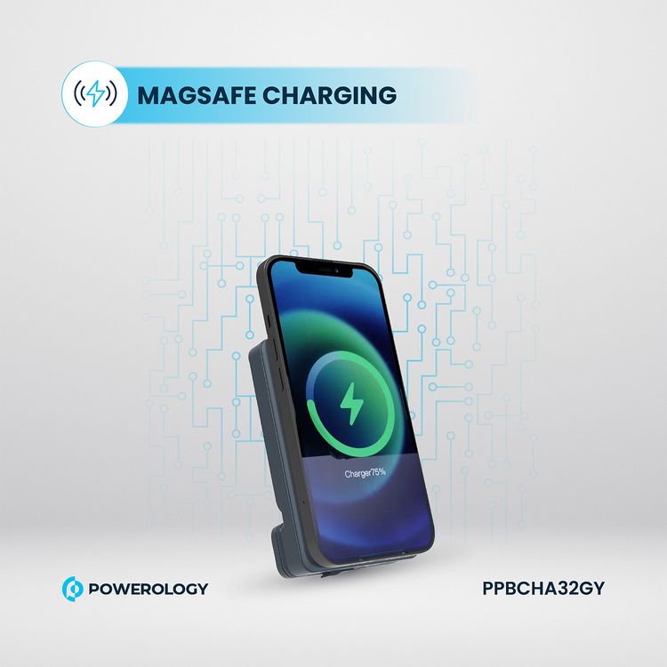 Powerology Car Mount 5000mAh Power Bank with Magnetic Wireless Charger, MagSafe Charging, PD 20W Fast Charge, Folding Air-Vent Clip, LED Indicator, Built-In Type-C Cable, Lightweight & Portable - Gray 