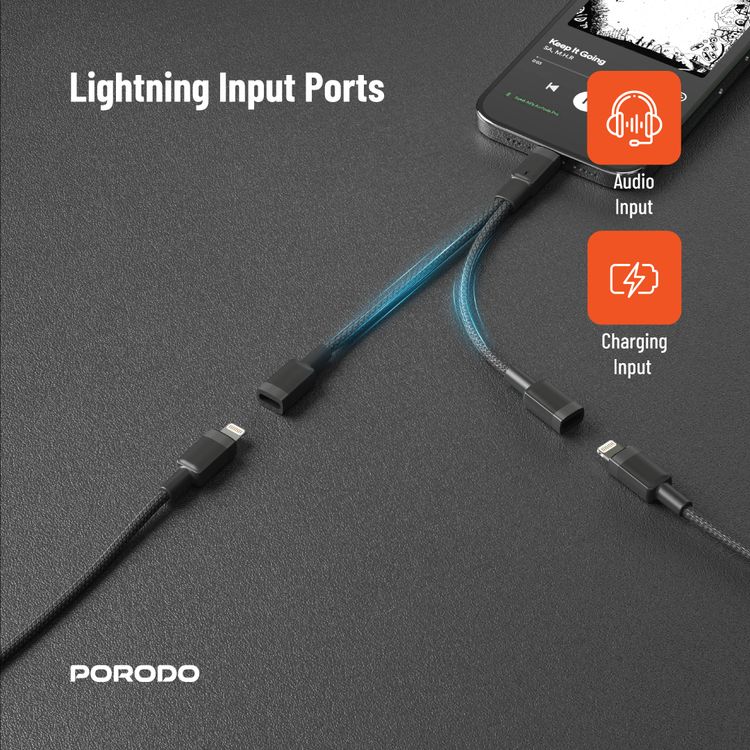 Porodo Lightning Connector Audio And Charge Adapter - Black - 12 cm