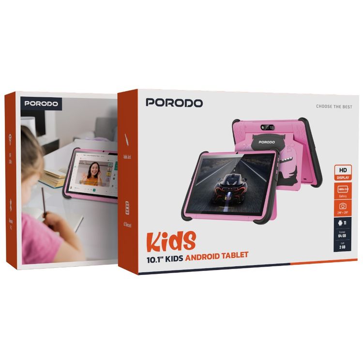 Porodo 10.1" Kids Android Tablet with 4000 mAh Battery Capacity, 64GB Storage, 2GB RAM, Type-C Charging Port, Audio Jack, Bluetooth V4.2, 2 Nano Sim Cards, Android 11 - Pink