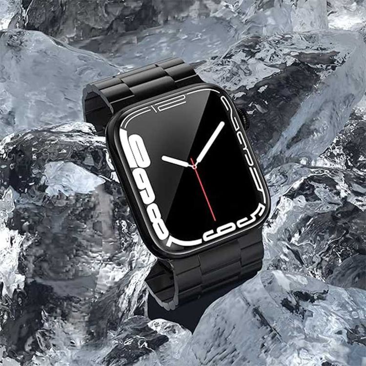 Green Lion Link Stainless Steel Strap for Apple Watch 42/44/45/49mm, Double Button Folding Clasp, Lightweight & Easy to Install, Comfortable to Wear, Waterproof - Black