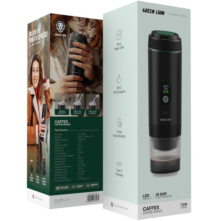 آلة صنع القهوة جرين ليون CAFFEX بقدرة 72 واط، خزان مياه بسعة 80 مل، استخراج ساخن بدرجة حرارة 90°C، استخراج سريع في 70 ثانية، شحن عبر Type-C، سعة البطارية 7500 مللي أمبير - أسود