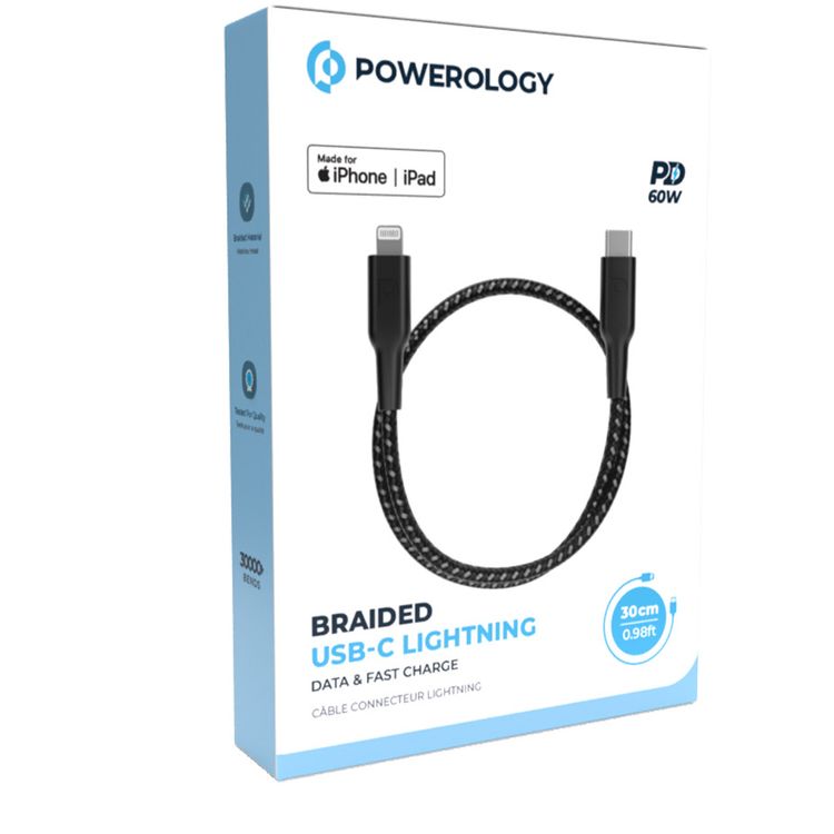 كابل Powerology مضفر من USB-C إلى Lightning بقوة توصيل 60 واط، بطول 30 سم، بتوافق عالمي، وشحن سريع ونقل بيانات - اللون الأسود