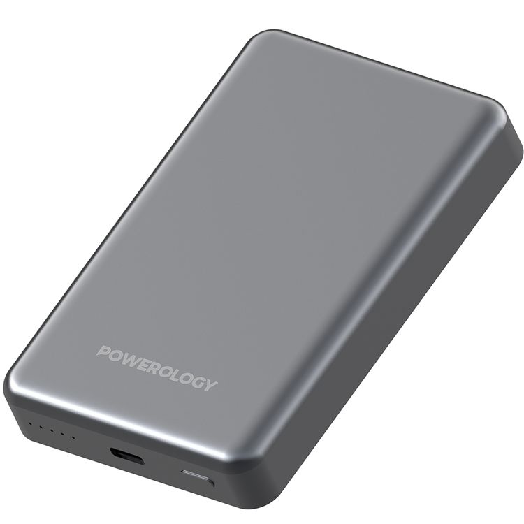 Powerology 10000mAh Blanc 25 MagSafe Power Bank with Compact Design, Simultaneous Charging, USB-C Charging Port , 30cm USB-C Cable, Wireless Charging Pad - Gray