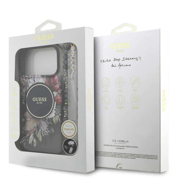 Guess MagSafe IML Case with Flowers Pattern & Lanyard for iPhone 17 Pro, Easy Snap-On, Sustainable Packaging, Comfortable Grip, Drop Protection, Slim & Lightweight Design - Black