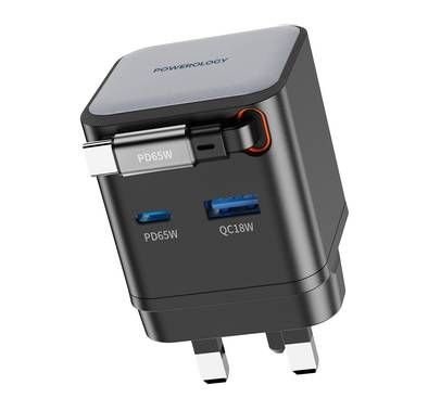 Powerology Dual Port Retractable GaN Charger, Built-in Sa...