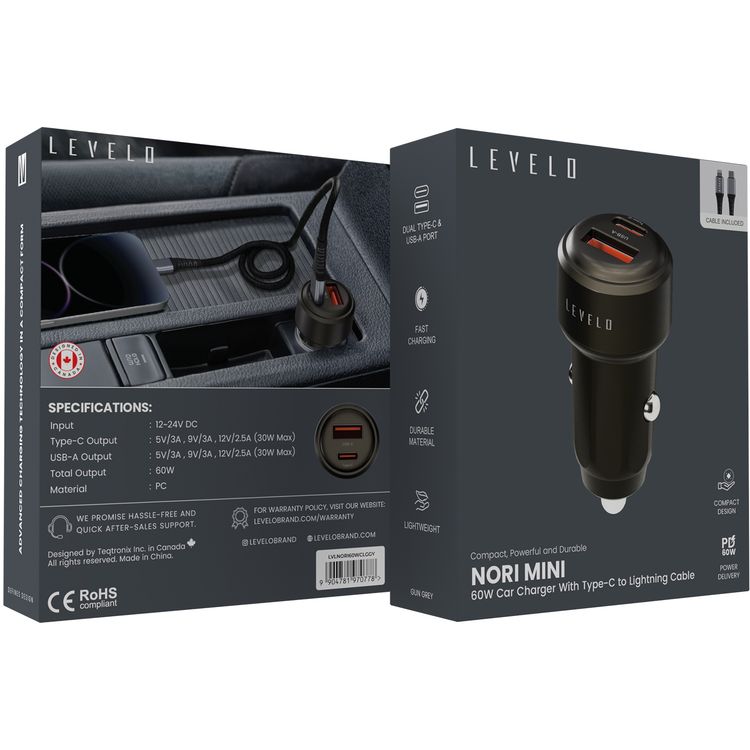 Levelo Nori Mini 60W Car Charger with USB-C & USB-A Ports, Fast Charging, 60W Power Delivery, 12-24V Input Power, Durable Material - Gun Gray