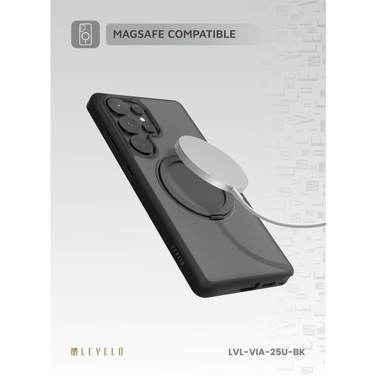 حافظة ليفيلو فيا مع حامل حلقي 360 درجة لهاتف سامسونج جالاكسي S25 الترا، توافق مع MagSafe، مادة هجينة مع لمسة نهائية من مادة TPU غير اللامعة - أسود