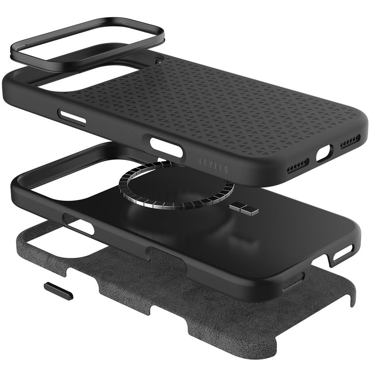 Levelo Fiora MagSafe Liquid Silicone Case for iPhone 17 Pro, Strong Magnets, Aluminum Alloy Frame for Camera & Buttons, Shock-Resistant Bumper, Premium Silicone Grip - Black