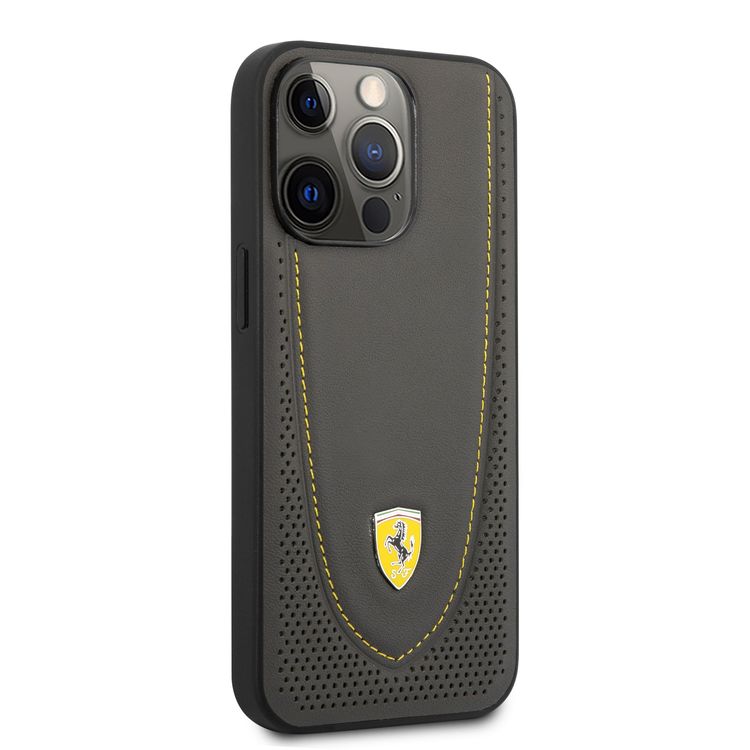 CG MOBILE Ferrari Genuine Leather Hard Case with Curved Line Stitched & Perforated Leather Compatible for iPhone 13 Pro Max (6.7") Shock & Scratches Resistant