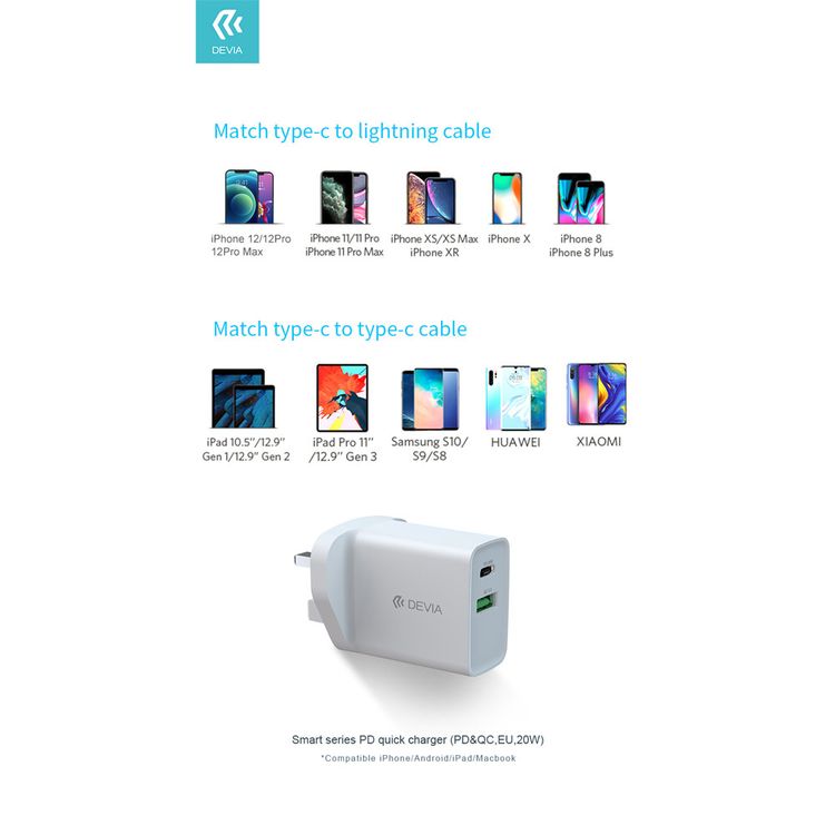 Devia Smart Series PD & QC Quick Charger UK 20W with Type-C to Lightning Cable 1M + USB to Type-C Cable 1M - White