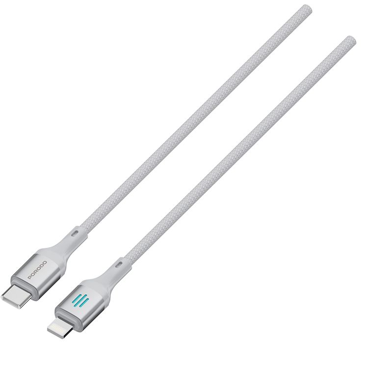 كابل الشحن ونقل البيانات من بورودو USB-C إلى Lightning بقوة توصيل 27 واط، بطول 1 متر، كابل مضفر بتصميم مقاوم للتشابك، سرعة نقل بيانات 480 ميجابت في الثانية، شحن سريع - فضي.