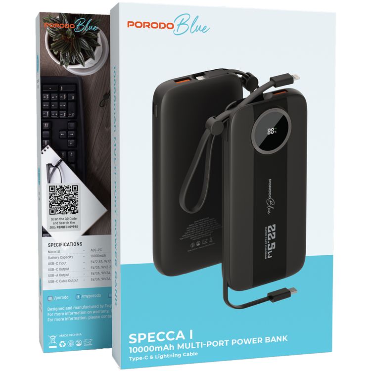 Porodo Blue Specca I 10000mAh Multi-Port Power Bank with Type-C & Lightning Cable, Smart Display, Simultaneous Charging, ABS+PC Material - Black