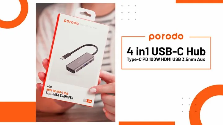 Porodo 4in1 USB-C Hub Type-C PD 100W HDMI USB 3.5mm Aux