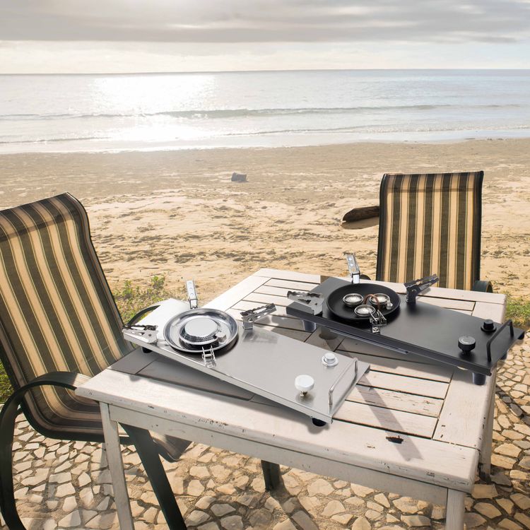 طقم طهي بورودو مع موقد مزدوج طاولة تخييم بلهب قابل للتعديل، إشعال كهربائي، محمول وسهل الحمل، تنظيف سهل بالمسح، طول خرطوم الغاز 65 سم، تصميم متعدد الوظائف - أسود