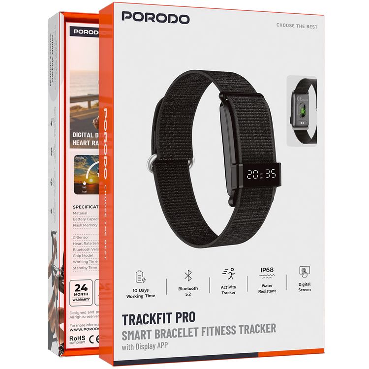 Porodo Trackfit Pro Smart Bracelet Fitness Tracker with Display App, 10 Days Working Time, 145mAh Battery, IP68 Water Resistance Level, Activity Tracker, Health Monitoring, Magnetic Charging - Black