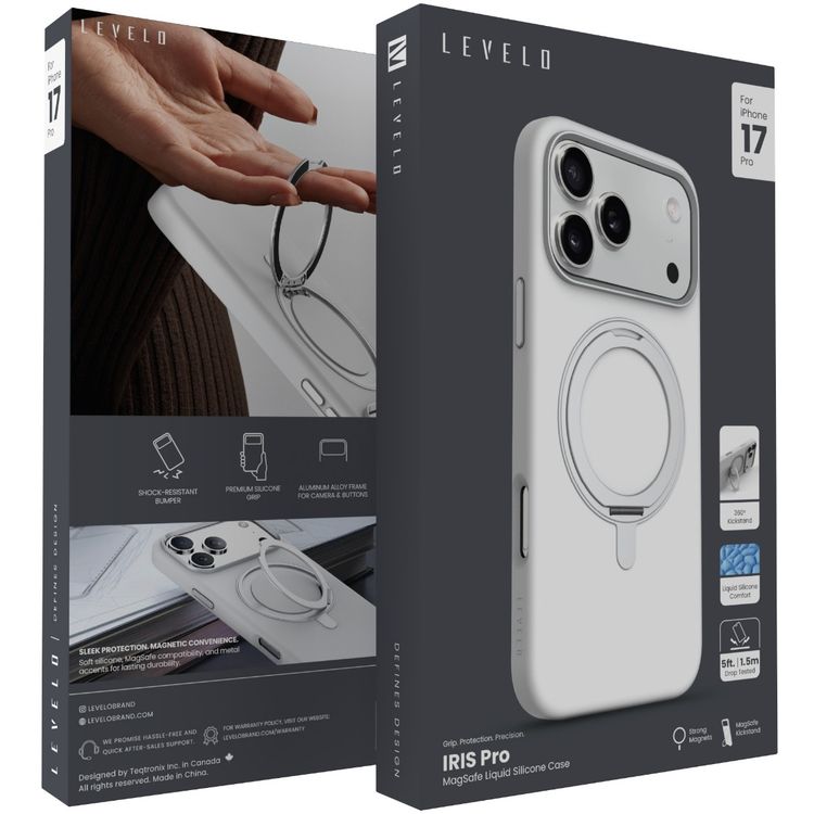 Levelo Iris Pro MagSafe Liquid Silicone Case with Built-in 360° Kickstand for iPhone 17 Pro, Metal Accents, Shock-Resistant Bumper, Aluminum Alloy Frame for Camera & Buttons, Drop-Tested, Strong Magnets, Premium Silicone Grip - Silver