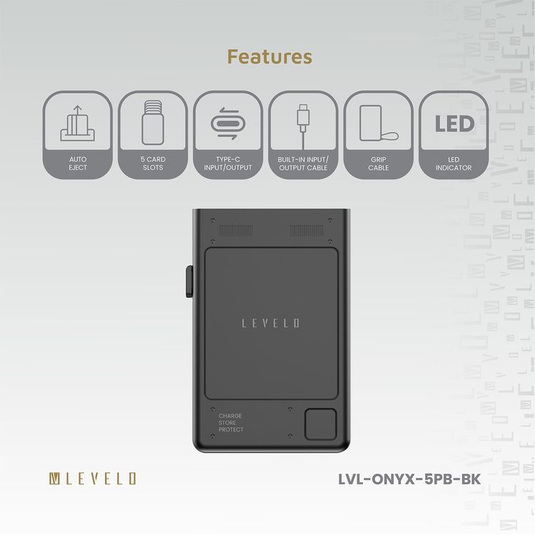 بنك الطاقة المحمّل متعدد الوظائف Levelo Onyx 3 في 1، سعة 5000 مللي أمبير، شحن سريع بقوة 12 واط، يحتوي على 5 فتحات لحامل البطاقات - اللون أسود.