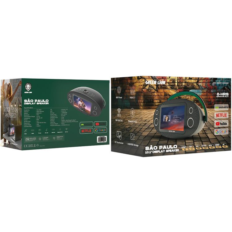 Green Lion Sao Paulo Display Speaker with 10.1" HD Touchscreen, Bluetooth Version 5.3, ABS & Silicone Material, 8000mAh Battery Capacity, 10m Transmission Range, DC Charging Port, 4 Hours Charging Time, 8 Hours Play Time, Multiple Ports Support - Black