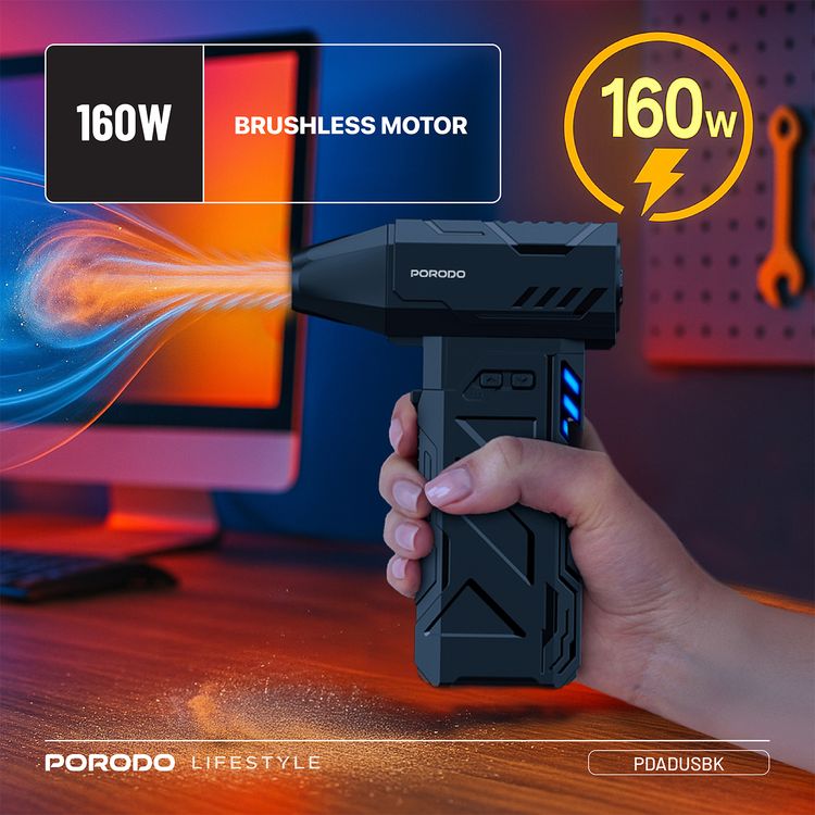 Porodo Lifestyle Turboblast Portable Air Blower with Air Nozzle Attachment, Up to 32 Minutes Working Time, 3 Adjustable Speed Levels, 160W Output Power, Low-Noise Operation, 130000RPM Motor Speed, USB-C Charging Port - Black
