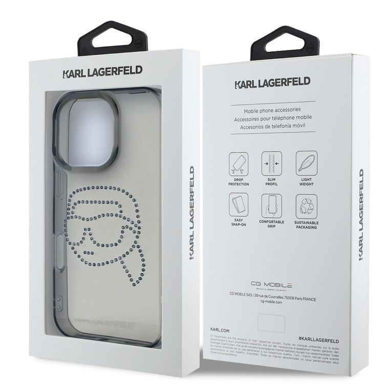 جراب Karl Lagerfeld IML الصلب مع شعار Karl Head مرصع بأحجار الراين لهاتف iPhone 16 Pro، شعار Karl Head، سهل التركيب