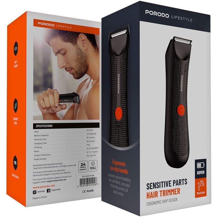 Porodo Lifestyle Sensitive Parts Hair Trimmer, 3.7V 600mAh Battery Capacity, 80 Minutes Working Time, 90 Minutes Charging Time, Ergonomic no-Slip Handle, IPX5 Water-Resistant - Black