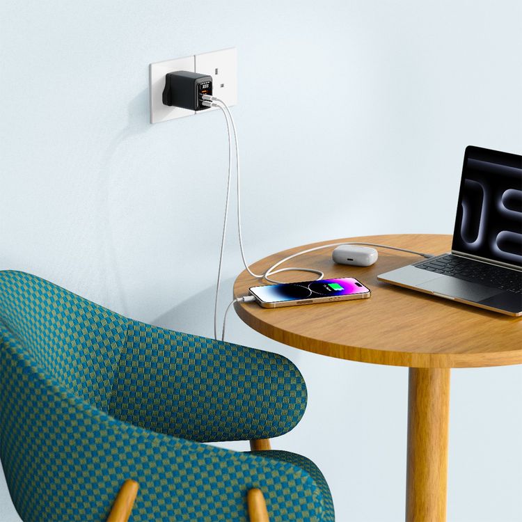 Porodo GaN Wall Charger with Single USB-A & Dual USB-C Ports, 100W Power Delivery, Built-in Safeguards, Fast Charge Support, Multiple Device Charging, Digital Display - Black