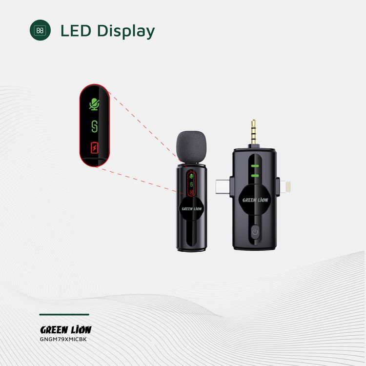 ميكروفون Green Lion GM-79X بمزايا إلغاء الضوضاء بثلاث مستويات، ووقت عمل يصل إلى 5 ساعات، وتأخير أقل من 30 مللي ثانية، ميكروفون واحد، موصلات Type-C وAUX وLightning - اللون الأسود.