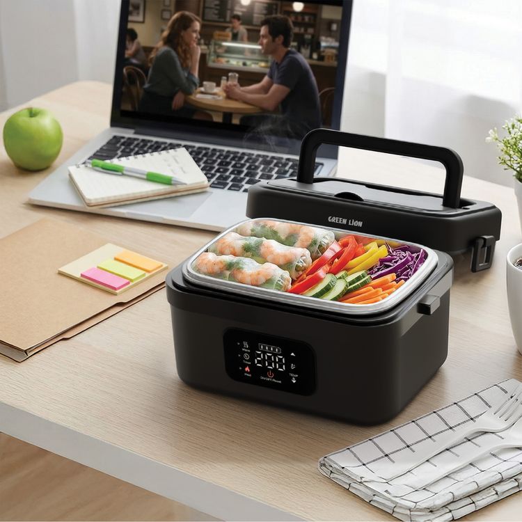 Green Lion Portable Lunch Box with Built-in Battery, Electric Heating, 1L Capacity, 8000mAh Battery Capacity, 5 Perfect Heating Modes, 60W Power Rapid Heating, Leak-Proof Design, Phone Holder and Power Bank Function, USB-C Charging, Dishwasher Safe, Digital Touch Display, Steam Release Valve - Black