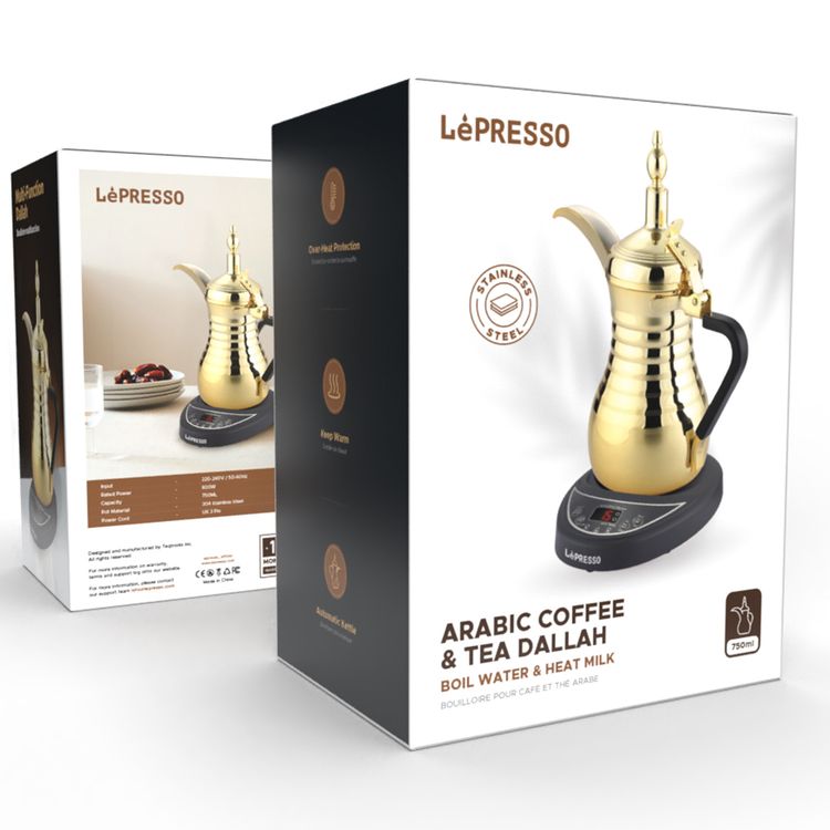 LePresso Arabic Coffee & Tea Dallah with 750mL Capacity, 800W Rated Power, Stainless Steel, Over-Heat Protection, Keep Warm Feature - Gold