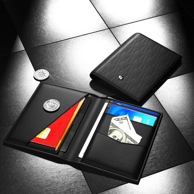 Levelo Bifold Black Genuine Leather Pocket Organizer with Debossed Logo, 8 Slots, Genuine Leather, Medium - Black