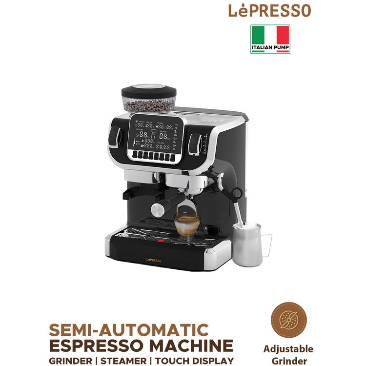 Lepresso Espresso Coffee Maker with Bean Grinder and LCD Display, Adjustable Grinder, Patented Design, Single Boiler Type - Black