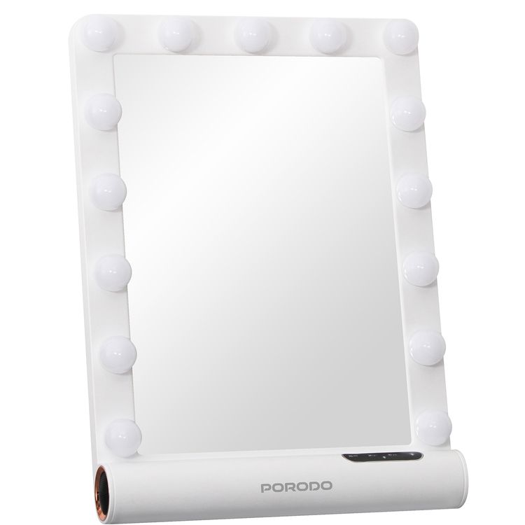 Porodo Hollywood Vanity Lighted Mirror with Built-in Bluetooth Speaker, 15 LED Bulbs, Auto-Off Function, ABS & Glass Material, Smart Touch Control, Brightness Memory Function - White / Rose Gold