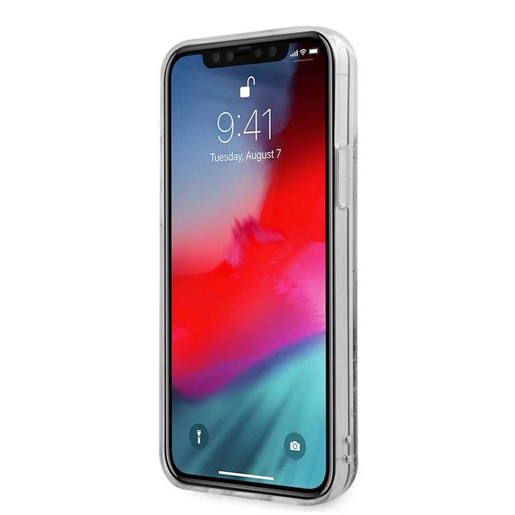 CG Mobile Karl Lagerfeld Liquid Glitter Case with Inner Ikonik Print Compatible for Apple iPhone 12 / 12 Pro (6.1") Shock & Scratch Resistant, Easy Access to All Ports, Drop Protection Back Cover Suitable with Wireless Chargers Officially Licensed - Silver