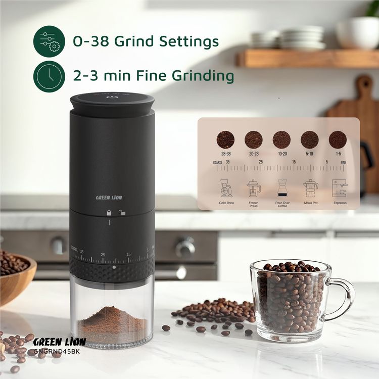 Green Lion Grind Pro Coffee Grinder with Digital Display, Type-C Charging, Touch Control, 12-15 Times Grinding, 25g Bean Holder, Compact & Travel-Friendly, Ceramic Grinding Core - Black