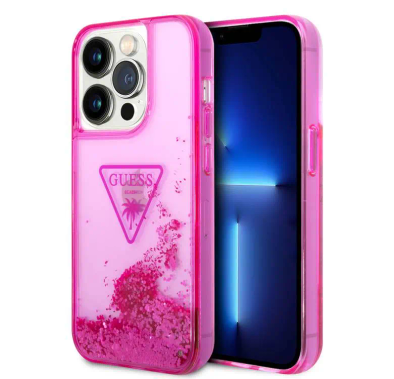 حافظة Guess Liquid Glitter مع شعار مثلث شفاف - فوشيا - iPhone 15 Pro
