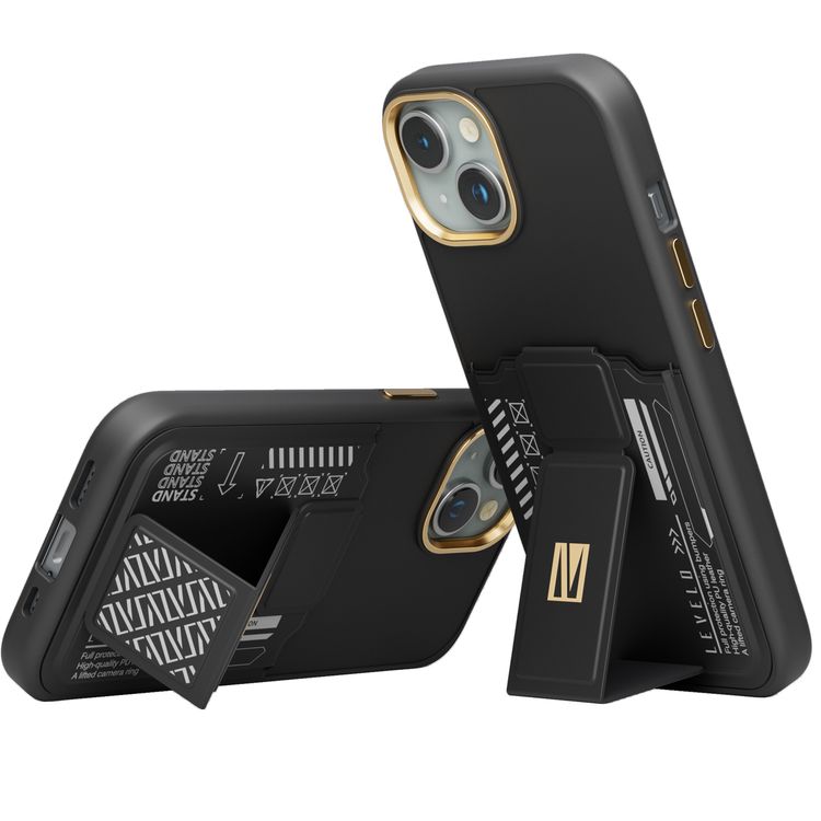 Levelo Morphix Cuero Gripstand Case for iPhone 15 Plus with Cardholder, Multi-Positioning Modes, PU Leather Material, Shock-Proof Edges - Black