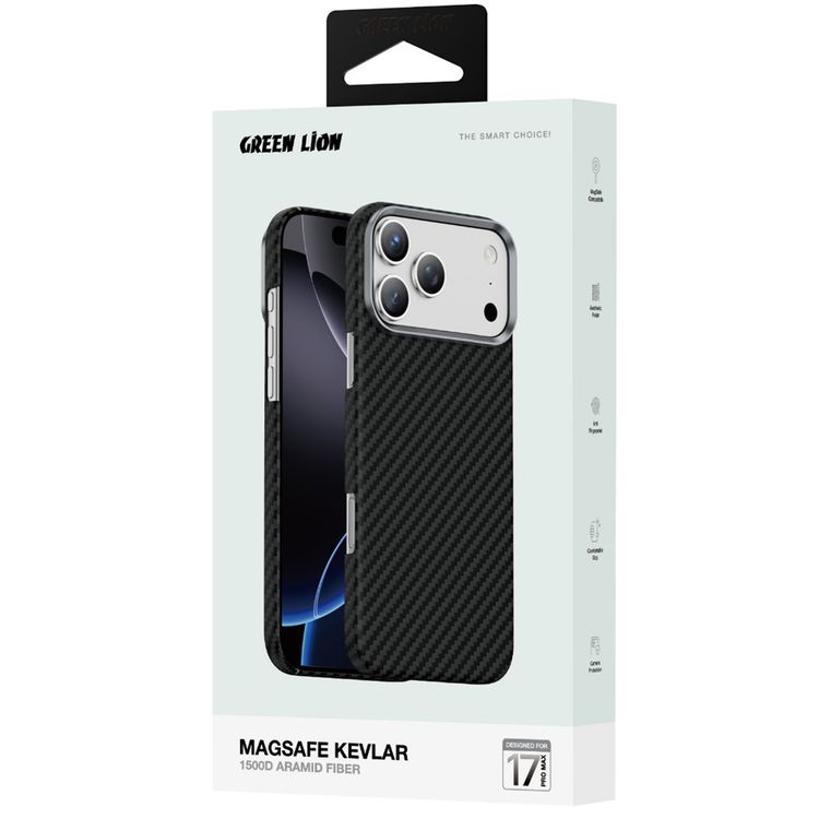 Green Lion Magsafe Kevlar Case for iPhone 17 Pro Max, Comfortable Grip, Aluminum Alloy Guard, Drop Protection, Lightweight Design, Ultra-Slim - Black