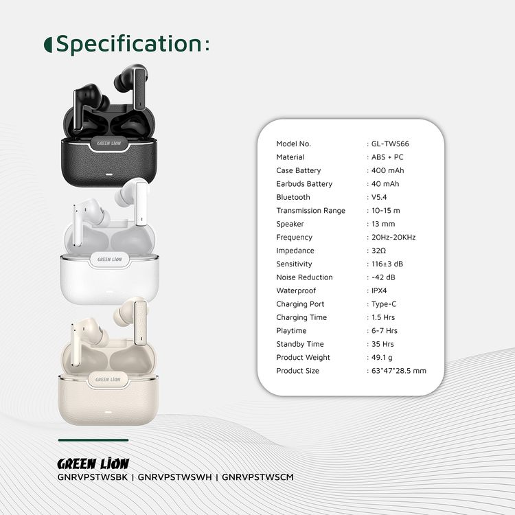 Green Lion River Plus True Wireless Earbuds with ANC + ENC Clarity, 2.4G Connector Included, Up to 7 Hours of Playtime, Smart in-Ear Detection, Bluetooth Version 5.4, -42dB Noise Reduction, 35 Hours Standby Time - Black