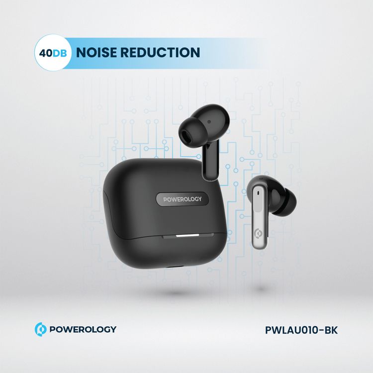 Powerology Hybrid True Wireless Earbuds with ANC + ENC, 6 Microphone, Bluetooth Version 5.3 & Type-C Charging Port - Black 