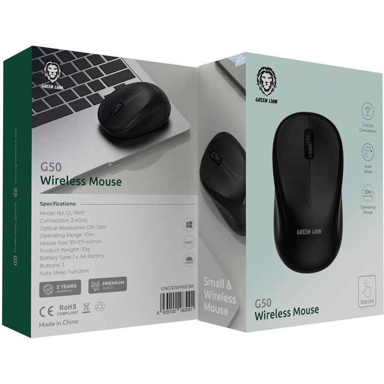 ماوس لاسلكي جرين لايون G50 بدقة 1200 نقطة في البوصة، مدى تشغيل يصل إلى 10 متر، وظيفة النوم التلقائي، 3 أزرار تحكم، يعمل ببطارية AA، اتصال بتردد 2.4GHz - باللون الأسود.