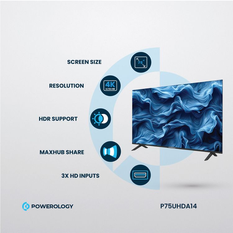 باورولوجي تلفزيون سمارت أندرويد 75 بوصة بدعم HDR، 3 مداخل HD، حجم ذاكرة RAM 1.5GB، دعم يوتيوب، نتفليكس، وشاهد، 4K ألترا اتش دي - أسود