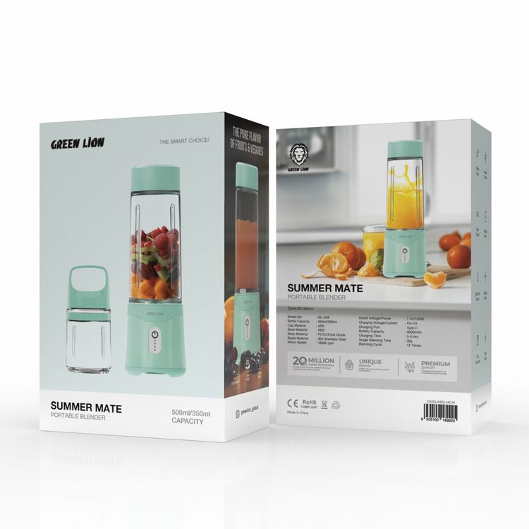 Green Lion Summer Mate Portable Blender,  350mL/500mL Capacity, 3-5 Hours Charging Time, 18000rpm Motor Speed, 30s Single Blending Time, Type-C Charging Port - Green