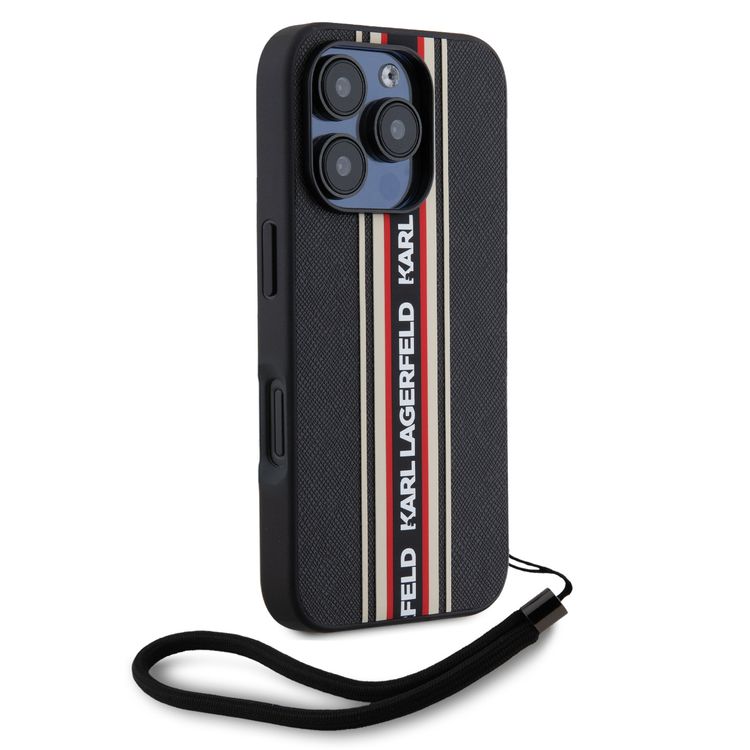 Karl Lagerfeld PU Hard Case with Athleisure Strips for iPhone 16 Pro, Lightweight, High-Quality Material, Comfortable and Secure Grip - Red