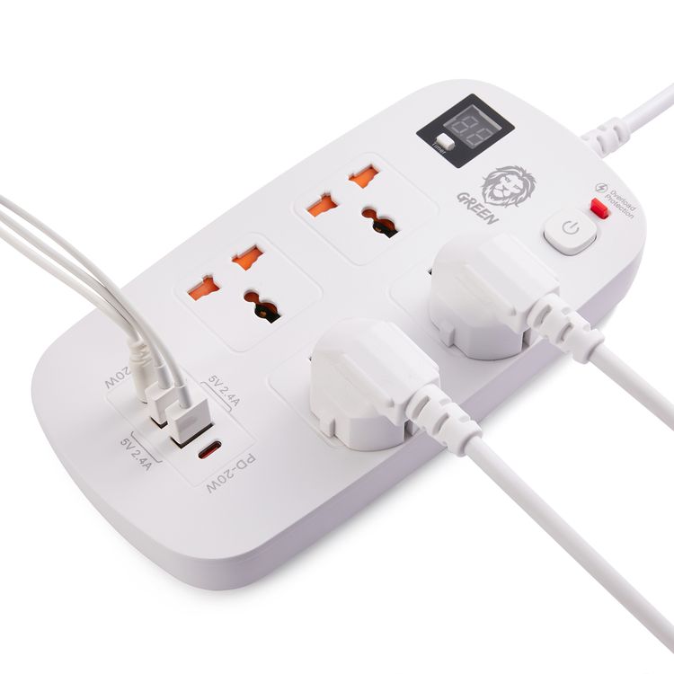 Green Lion Multiport Smart Power Socket, 4 AC Sockets, 2 USB-A & 2 USB-C Ports, 1-24 Hours Timer Function, Over Voltage, Over Current & Over Heat Protection, Power Surge Protection - White