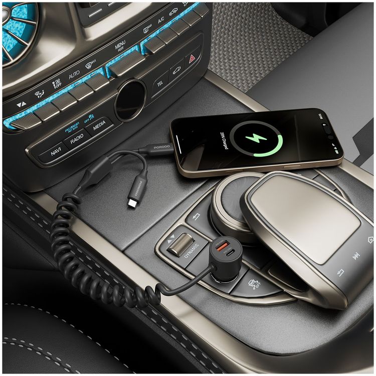 Porodo Dual Port Car Charger with Integrated C+L Cables, Adaptable, Simultaneous Charging, Universal Compatibility, 1.5m Cable Length - Black
