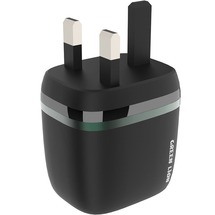 Green Lion Dual Port Wall Charger with USB-A to Lightning Cable Type, 1m Cable Length, 3-Pin UK Plug, 12W Power, 2.4A Fast Charging, ×2 USB-A Ports, Charging Protection, Multi-Device Charging, Portable Design - Black